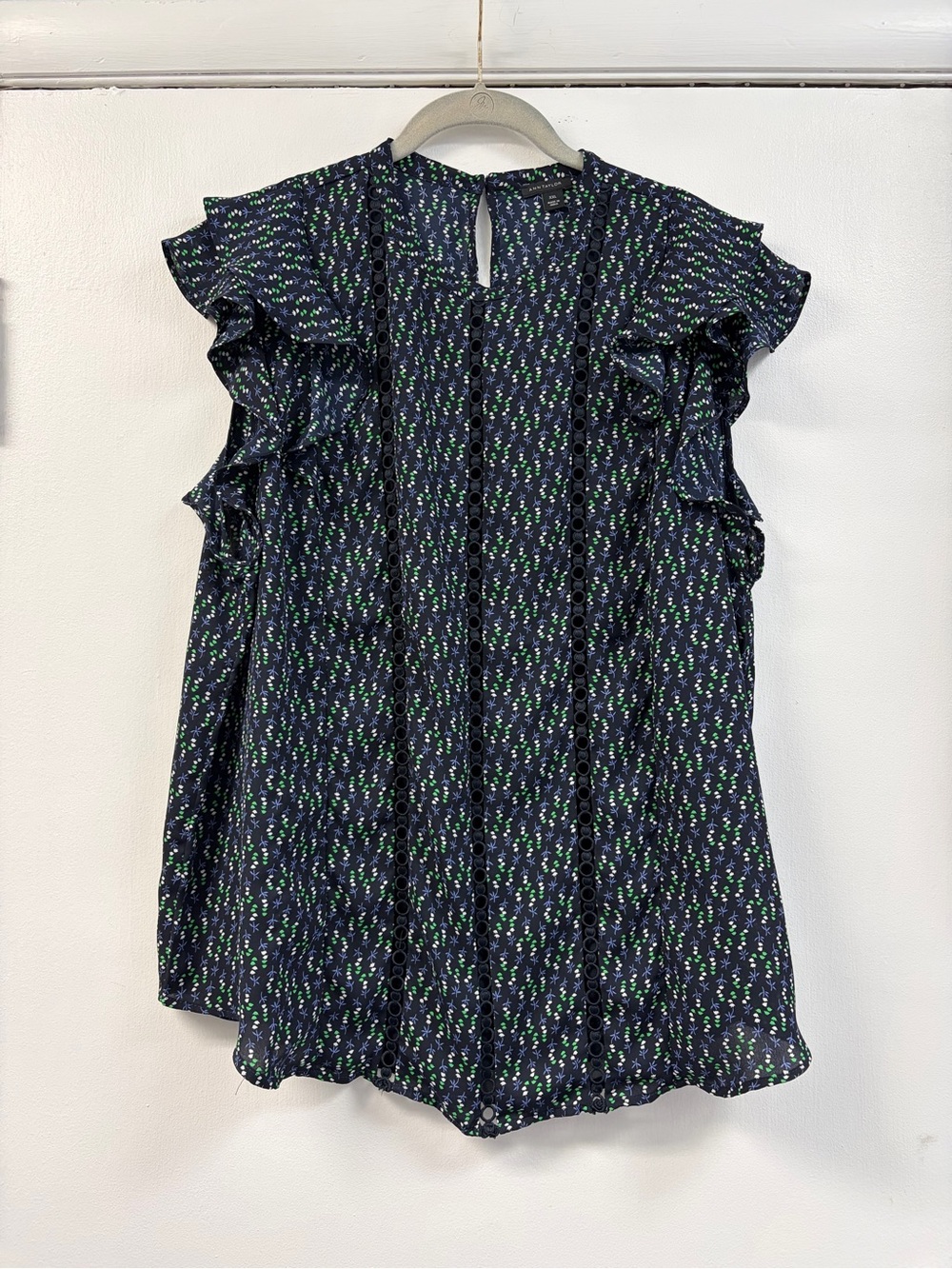 Ann Taylor Navy Floral Ruffle Sleeve Blouse